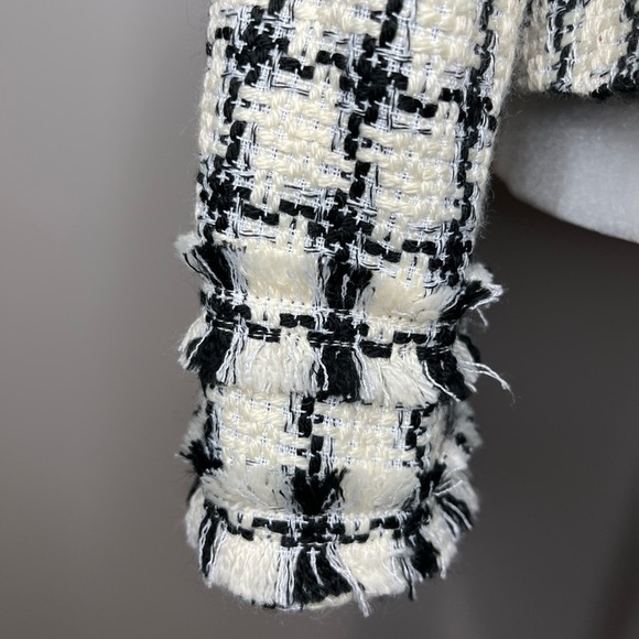 Karl Lagerfeld Plaid Tweed Fringe Crop Full Zip Blazer - Picture 7 of 17